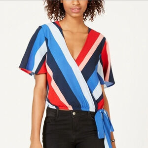 Polly‎ & Esther New Juniors M Striped Surplice Neckline Top